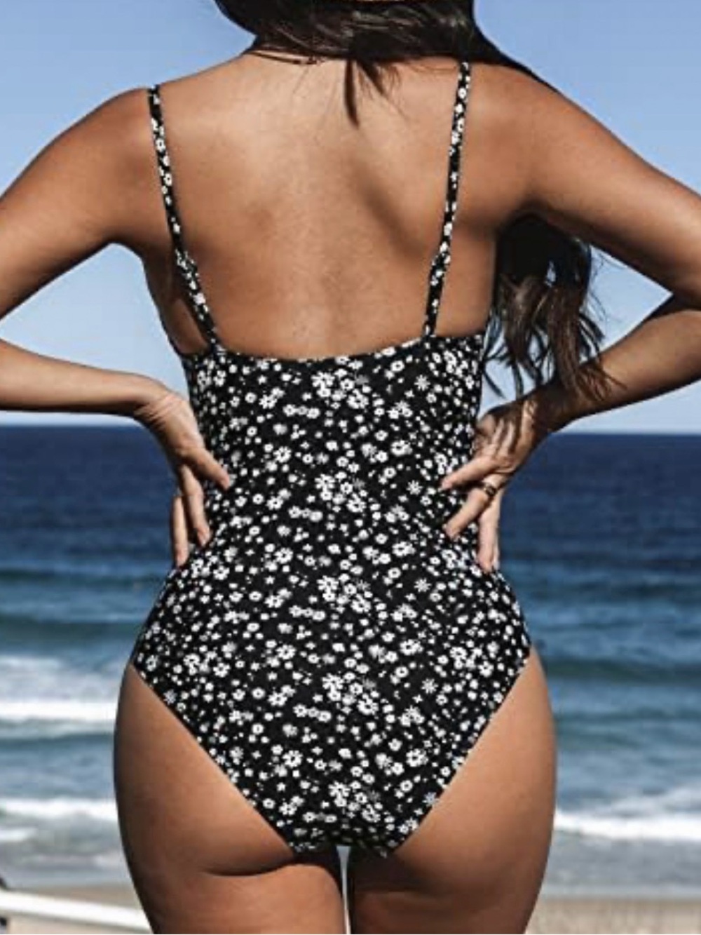 CupShe Tummy Control Deep V-neck Floral Black Swimsuit Adjustable Strap